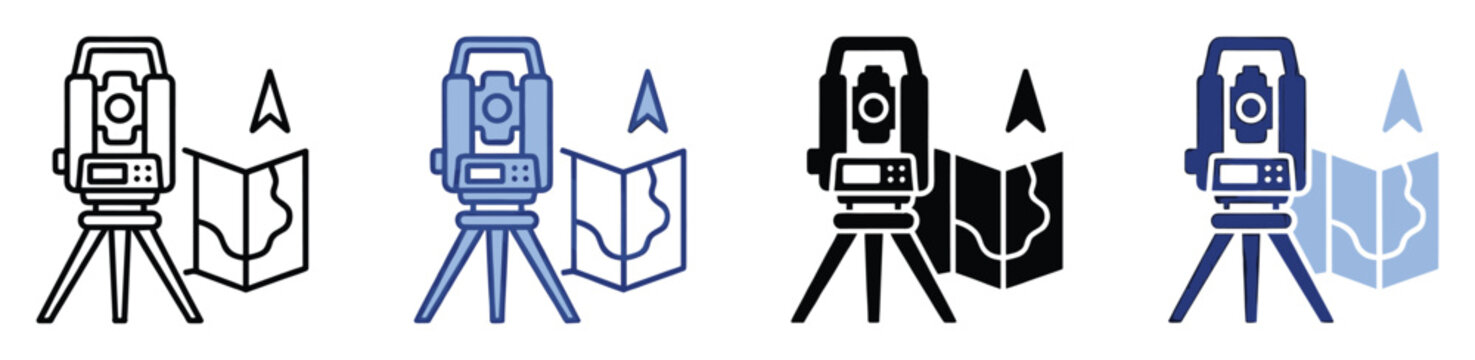 Set of surveying total station and map icons for land measurement, cartography, and geospatial