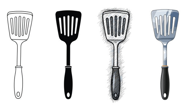 Set of slotted spatulas in varied graphic styles ideal for culinary projects and kitchen icons
