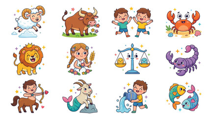 Fototapeta premium Collection of zodiac signs illustrated as cute cartoon characters on transparent background. Set of twelve astrology symbols for children horoscopes, stickers, and educational design.