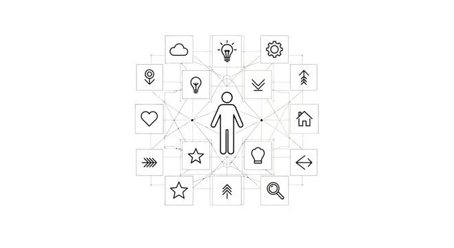 Vector icons, business and technology symbols, 25 line style graphics, human centered design elements