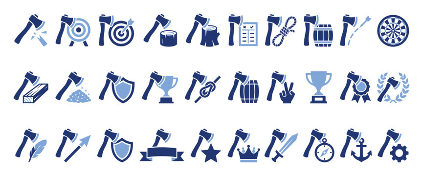 Set of axe icons representing chopping, target throwing, logging, and achievement awards