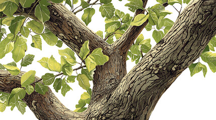 Fototapeta premium Closeup of Mature Tree Trunk with Textured Bark and Fresh Green Leaves.