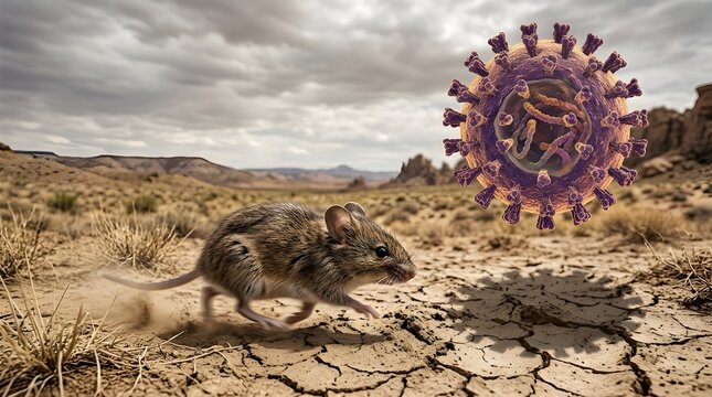 Deer Mouse Running on Cracked Desert Earth with Floating Hantavirus Molecule, Concept of Zoonotic Disease and Climate Change