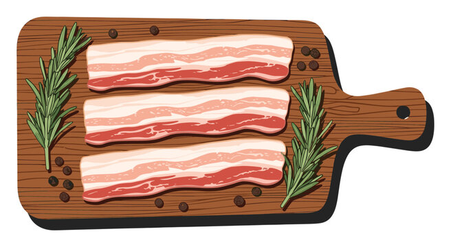 Slices of fresh bacon with aromatic rosemary and black peppercorns on a rustic wooden board for