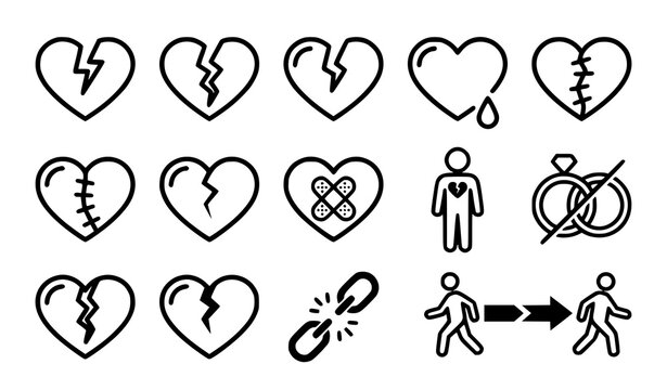 Heartbreak and relationship issues line icons collection