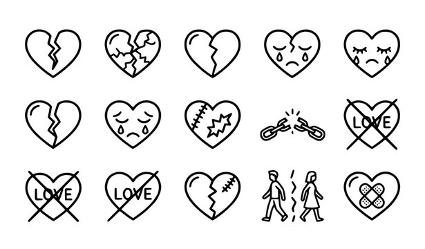 Broken heart icons and relationship end illustrations
