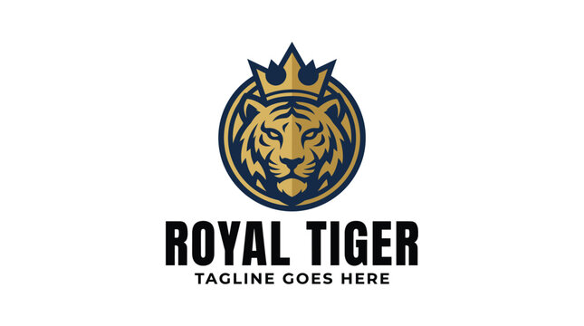 Royal tiger head emblem with crown in circular badge