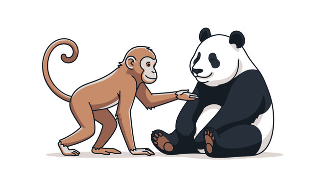 Cartoon monkey and panda interacting on white background