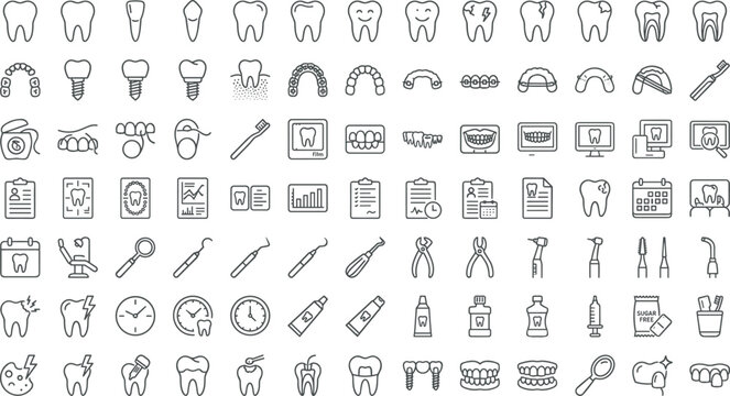 Dental Care Icon Set with Teeth Hygiene Outline Symbols for Dentist Clinic Websites and Medical Graphic Designs