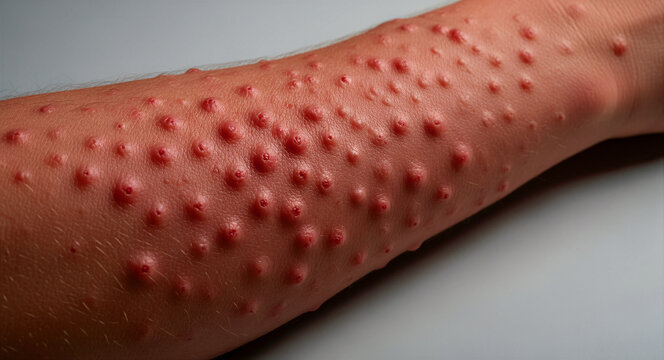 Close-up of human arm with severe red bumpy skin rash. Numerous raised inflamed lesions covering the forearm area. Medical dermatology concept for infectious disease or pox virus education.