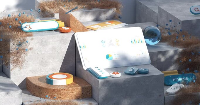 Playful isometric 3D animation of a financial dashboard tablet displaying charts and graphs, surrounded by colorful interface elements set in a stylized concrete landscape with dry grass.