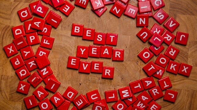 Red letter tiles spelling 'BEST YEAR EVER' surrounded by scattered letters on a wooden background, symbolizing new beginnings and positive affirmations.