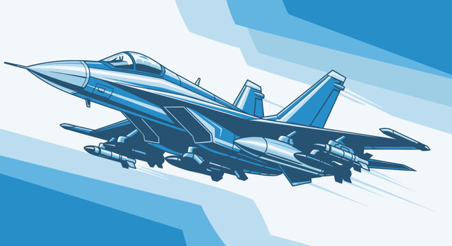 Modern jet fighter in flight blue aircraft vector illustration in sky