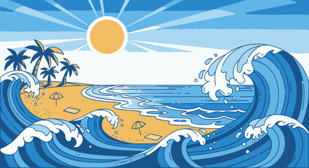 Obraz premium Vibrant beach scene illustration with sun waves and palm trees in a cartoon style