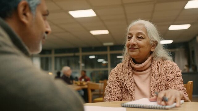 An elderly Indian woman carefully listens during a conversation with a man. They are engaged in a serious discussion, possibly volunteering or attending a workshop.