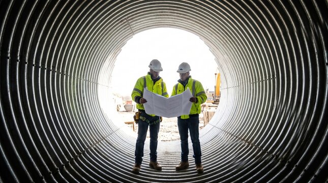 Two construction engineers in highvisibility jackets and hard hats reviewing blueprints inside a large corrugated metal pipe at a construction site