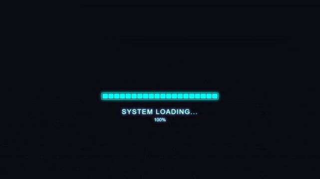 Futuristic cyan progress bar showing system loading animation, neon glow UI elements on dark grid, concept of data processing and technology.
