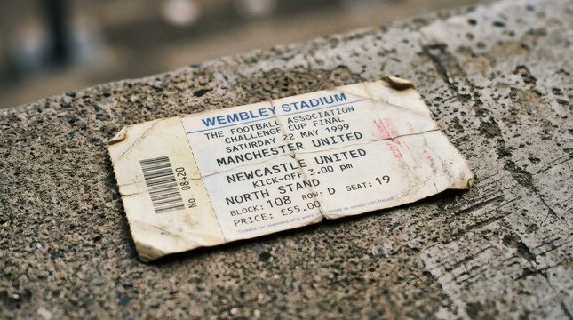 Old train ticket on stone surface.