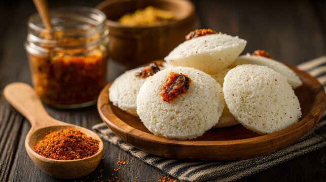 Steamed idli with spicy chutney on wooden plate. South Indian breakfast dish with lentil cake and seasoned spice powder. Healthy vegetarian traditional meal for culinary blog.