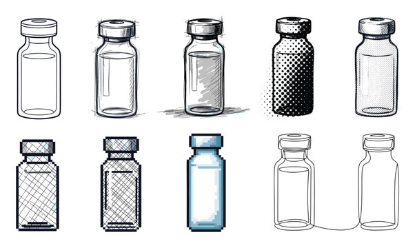 Diverse medical vials and vaccine bottles in multiple graphic styles for health media