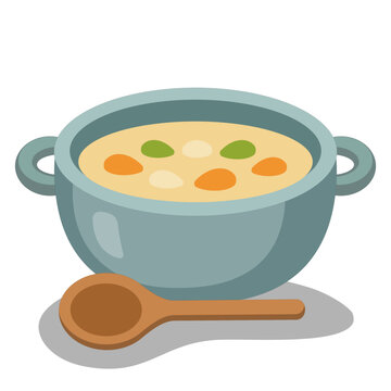 Flat vector illustration of a soup bowl with vegetables and wooden spoon. Simple cooking and food concept isolated on light background for menu, recipe, and kitchen design.