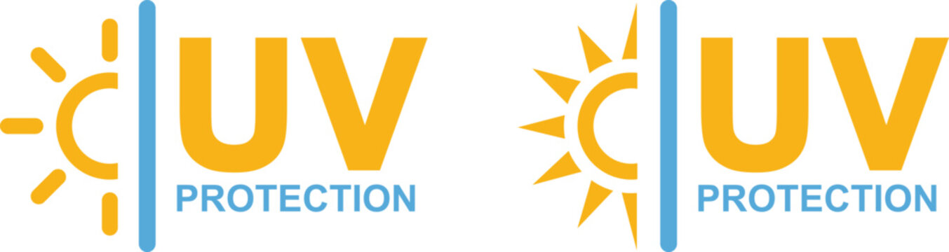 UV protection icon collection. UV radiation icon. SPF sunscreen logo. UPF sun protection product label. Skin care illustration, sign for cosmetic packaging.