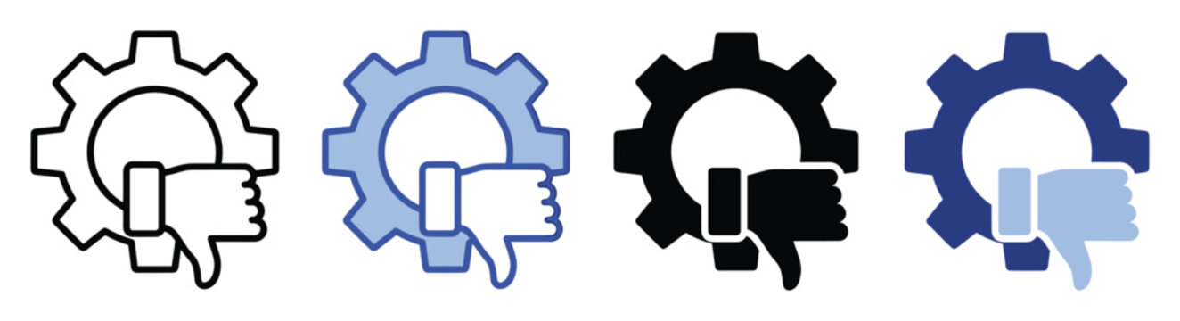 Gear and thumbs down icon set for indicating system disapproval or technical issues