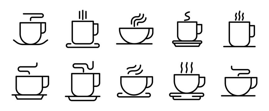 Conjunto de iconos de tazas de caf&eacute;. Representa bebidas calientes. Incluye vapor, desayuno, cafeter&iacute;a, t&eacute;, aroma. Ilustraci&oacute;n vectorial
