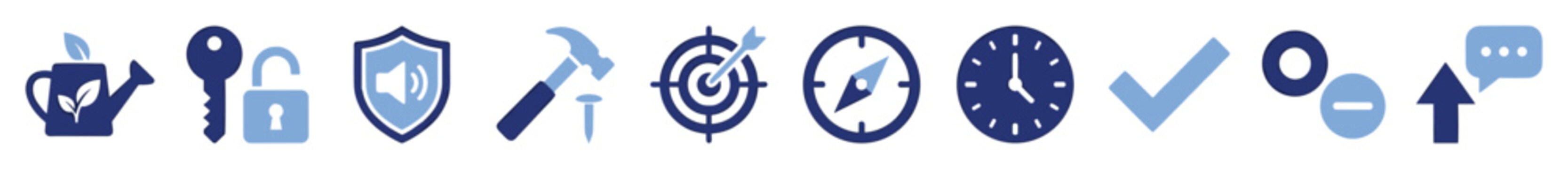Set of business icons representing growth, security, objectives, time, and communication