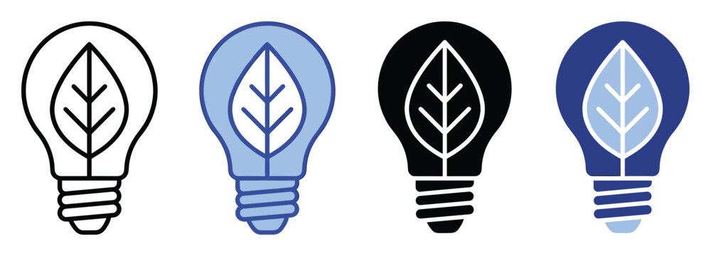 Set of lightbulb icons with leaf symbol for green energy and sustainable power concepts