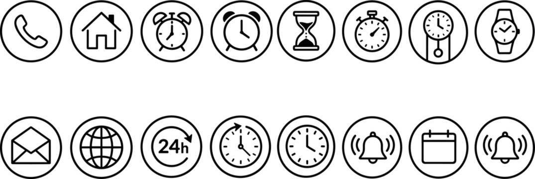 Time Management and Contact Us Line Icon Set with Clock Calendar and Communication Symbols for Business Website Designs