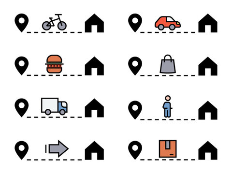 Conjunto de iconos de rutas de ubicaci&oacute;n. Representa navegaci&oacute;n log&iacute;stica. Incluye entrega, transporte, direcci&oacute;n, recorrido, destino. Ilustraci&oacute;n vectorial