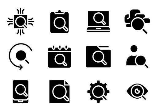 Conjunto de iconos de b&uacute;squeda digital. Representa exploraci&oacute;n, navegaci&oacute;n, an&aacute;lisis visual y herramientas de investigaci&oacute;n. Ilustraci&oacute;n vectorial