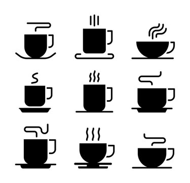 Conjunto de iconos de caf&eacute; y bebidas calientes. Representa cafeter&iacute;a, descanso, desayuno y consumo de bebidas calientes. Ilustraci&oacute;n vectorial