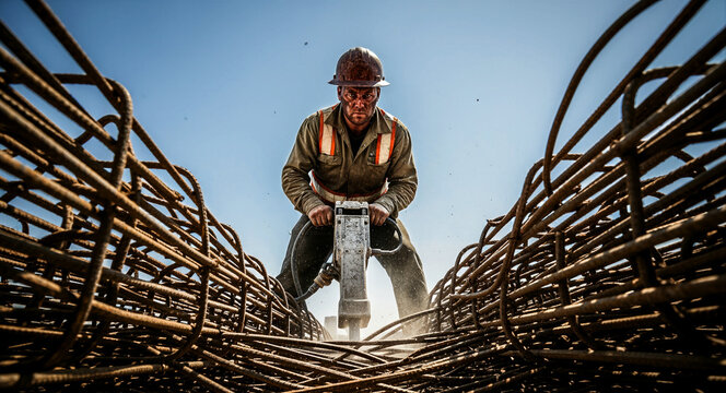 Construction worker using a jackhammer on a site with rebar. Dirty manual laborer in a hard hat performing demolition work. Infrastructure development concept for industrial and labor marketing.
