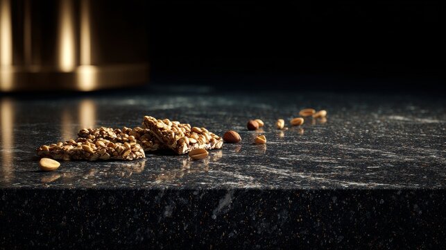 Natural Nutty Snack Bars on Dark Marble Surface with Golden Accent