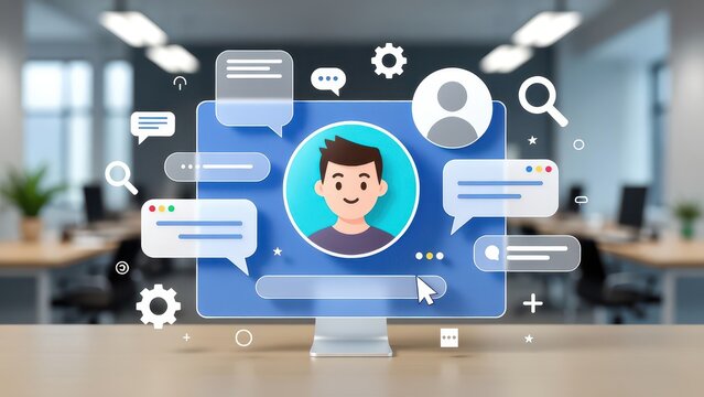 Engaging virtual communication strategies office workspace digital illustration modern environment user-centric approach