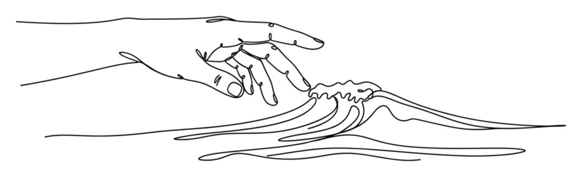 Elegant continuous line art of a human hand gently touching abstract nature forms suitable for