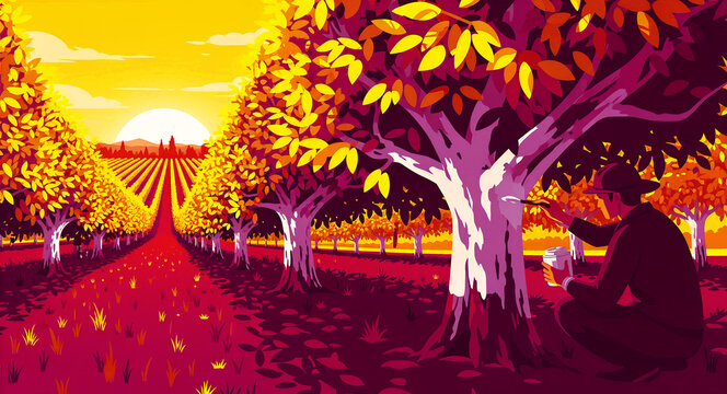 Farmer painting a tree trunk white in a lush orchard during a vibrant sunset. Rows of trees with yellow leaves stretch toward the horizon. Orchard maintenance and agricultural care concept.