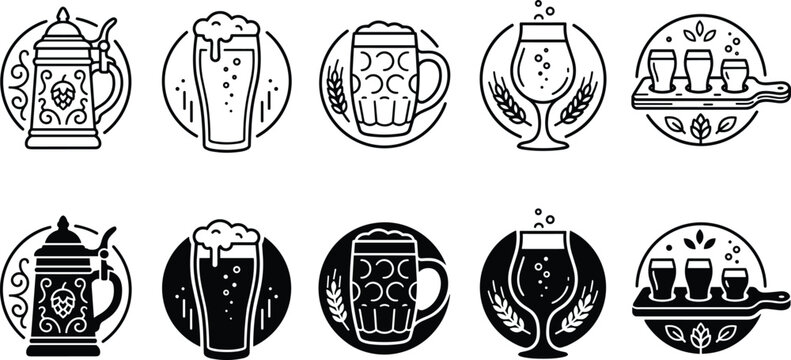 Beer Circle Badge Icon Set with Stein Glass Mug and Shelf Outline and Solid Vector Collection for Pub Bar and Brewery Branding