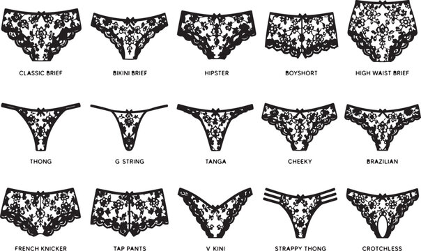 Set of fifteen different styles of black lace women underwear panties icon collection including thong bikini hipster and high waist brief designs vector