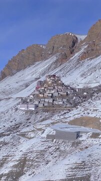Vertical Aerial View of Key Monastery in Snow Covered Spiti Valley Himachal Pradesh