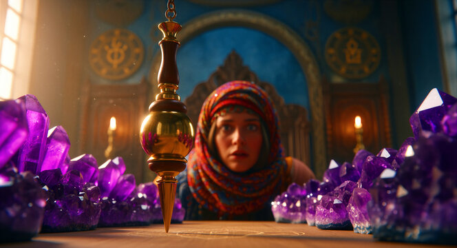 Psychic woman in headscarf watching brass pendulum swing above a wooden table. Purple amethyst crystals and candles create a mystical atmosphere. Divination concept for spiritual marketing.