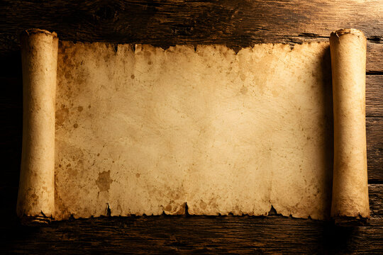 A blank ancient scroll opened on a black wooden plank. Unrolled ancient papyrus scroll with rough torn edges rests on dark wooden planks.
