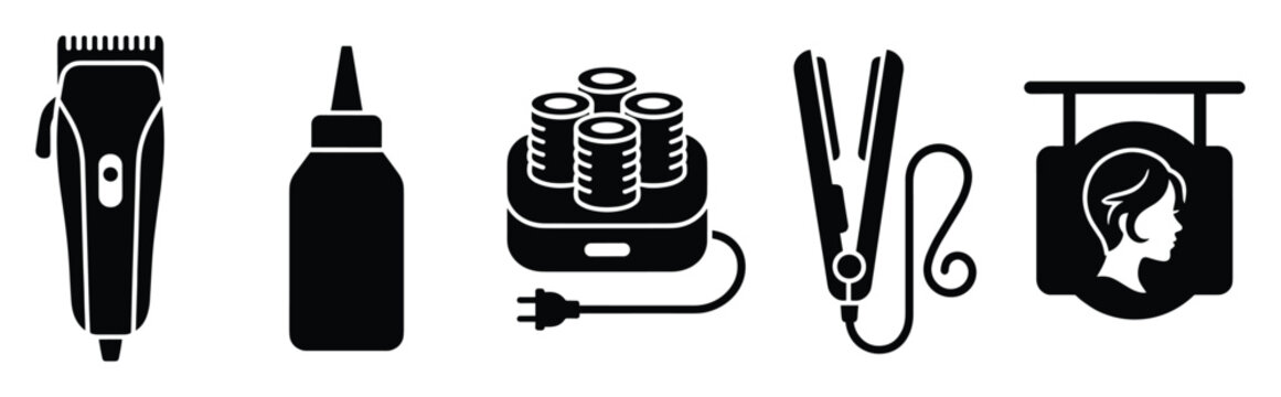 Set of hair styling tools and salon accessories icons for barbershop business applications