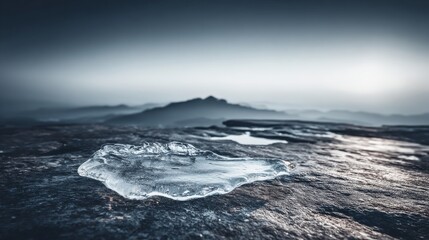 Fototapeta premium Reflection of Ice on Rock Surface Against Misty Mountain Landscape
