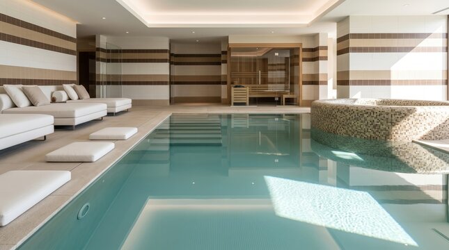 Modern luxury indoor spa with swimming pool, sauna, and relaxation lounge area
