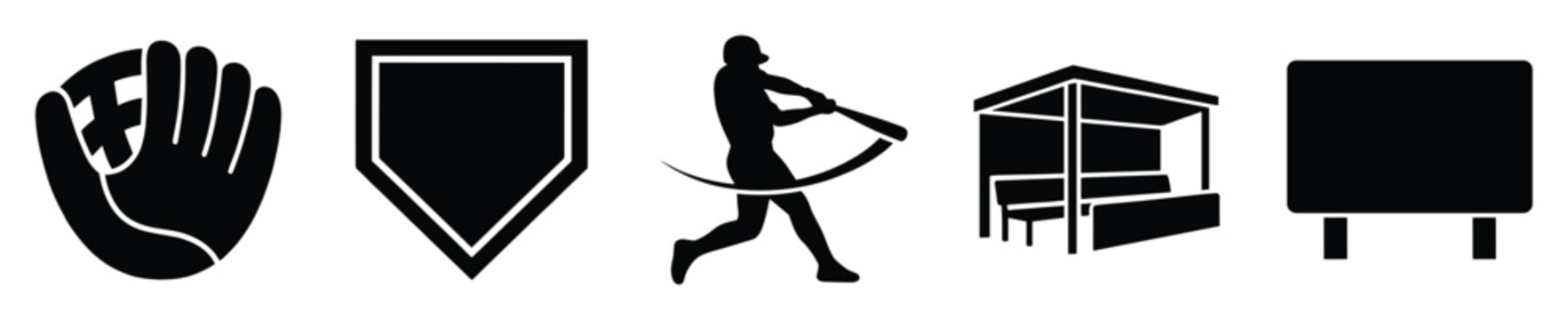 Set of baseball game equipment and activity icons featuring glove home plate batter dugout
