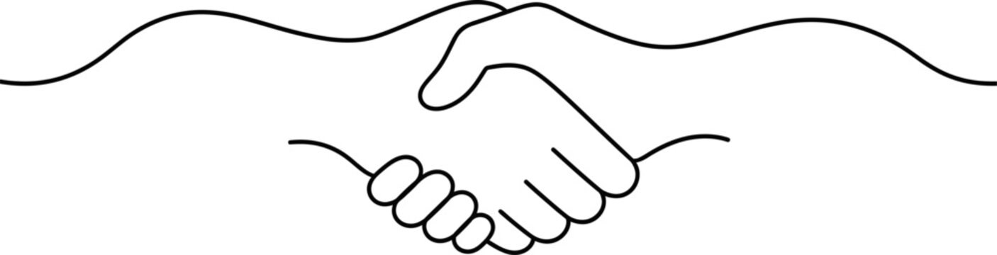 Simple line drawing of two hands shaking in agreement, symbolizing partnership, cooperation, business deal, trust, and friendship, clean vector illustration for connection.
