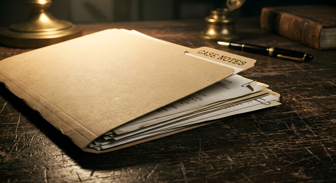 An empty file folder laid flat on black wooden desk.